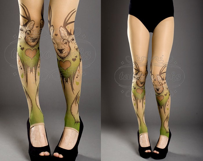 NEW nude color one size Triple Deer full length printed tights skinny footless pantyhose summer spring