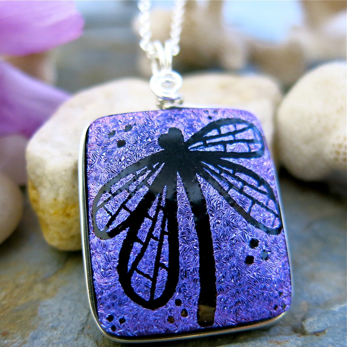 Dichroic Pendant - Hand Etched Purple Dragonfly Wire-Wrapped Glass Art