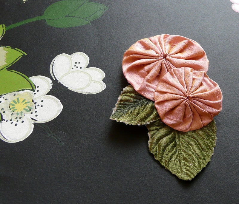 mimosa  - silk yo-yo and millinery leaf barrette