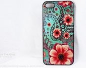 Paisley iPhone 5 case - Paisley Paradise - teal green and orange floral art - SLIM style case for iPhone 5