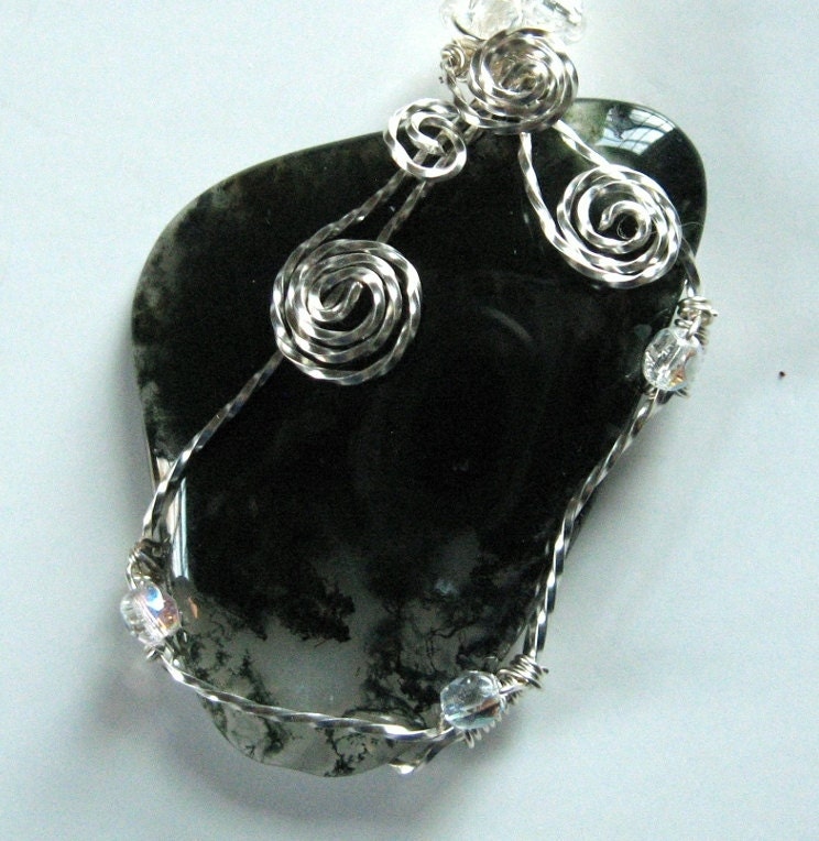 Large Moss Agate Wire Wrapped Pendant