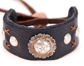 Black Leather Cuff with Vintage Western Conchos