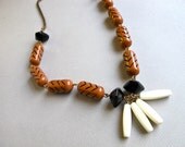 Bib Necklace, Chevron Patterned and Geometric Beads, Tribal Statement Necklace, Vintage 1970s Boho, Handmade Jewelry from Vintage Components