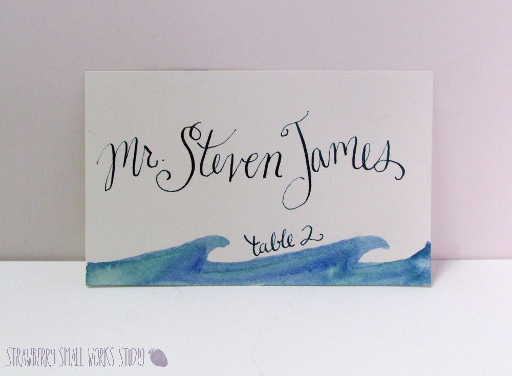 Wave watercolor painted escort wedding seating cards