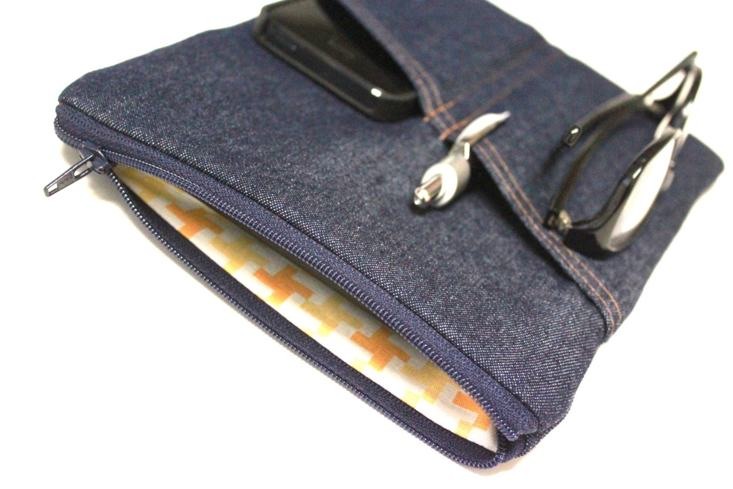 Men's new iPad 1 or 2 Mini Case Retina Display Tablet Cover Zipper External Pocket Handmade - Blue Denim