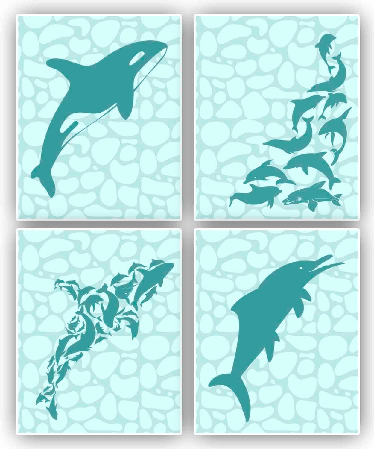 Nautical prints 4 kids, 8x10 prints, set of 4, in teal, inspired  by dolphin, whale, for nursery decoration, beach cottage decor