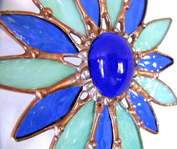 Stained glass art flower suncatcher mixed media art soldered art teal and cobalt