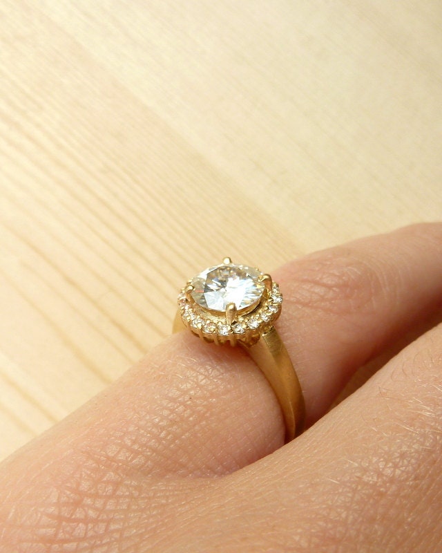 Round Moissanite and Diamond Halo Ring - 14k Yellow Gold