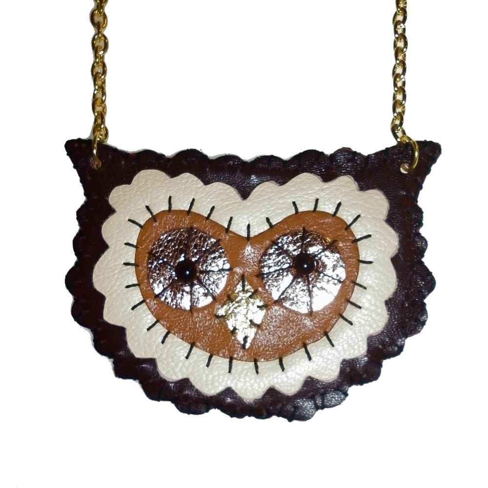 Handstitched Leather Brown Owl Necklace