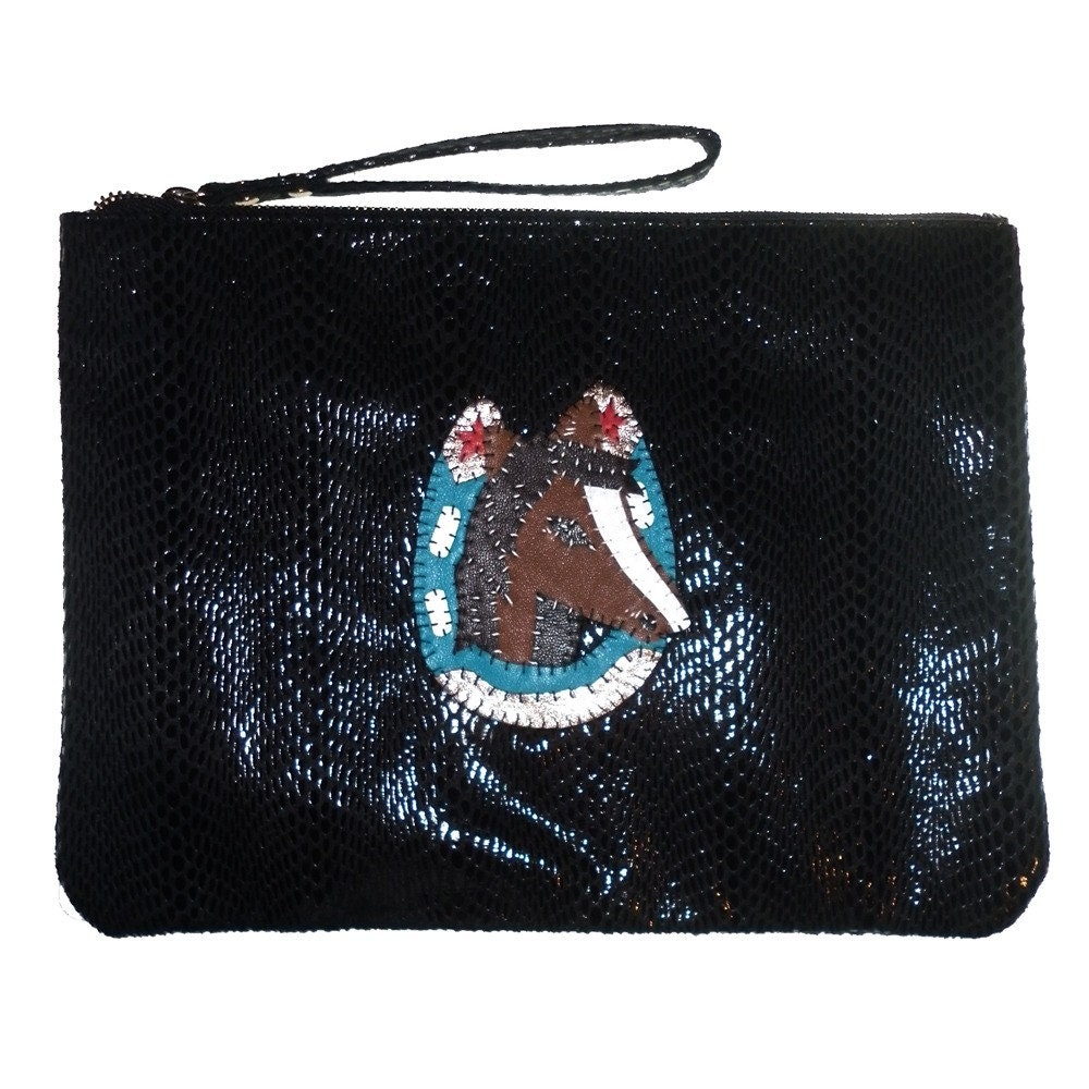 Black Snakeskin Horse and Horseshoe Clutch Bag