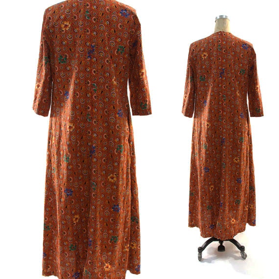 70's Batik Cotton Maxi Dress or Caftan in Shades of Sienna