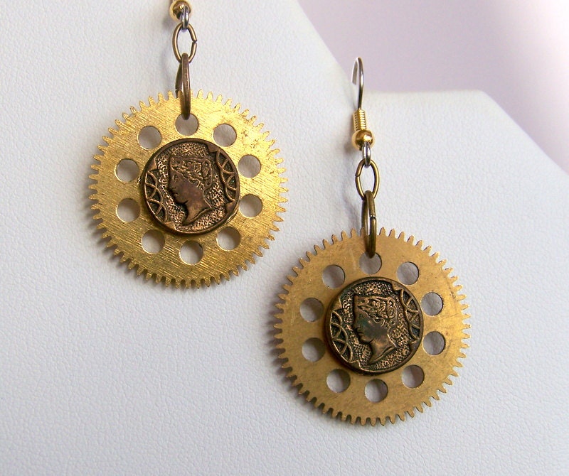 Earrings, Steampunk, Recycled Clock Gears and Vintage Buttons  SE105