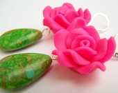 Hot Pink & Green Frida Kahlo Earrings, Clay Flowers and Green Mosaic Drops on Leverbacks, Bold Jewelry - Carmen