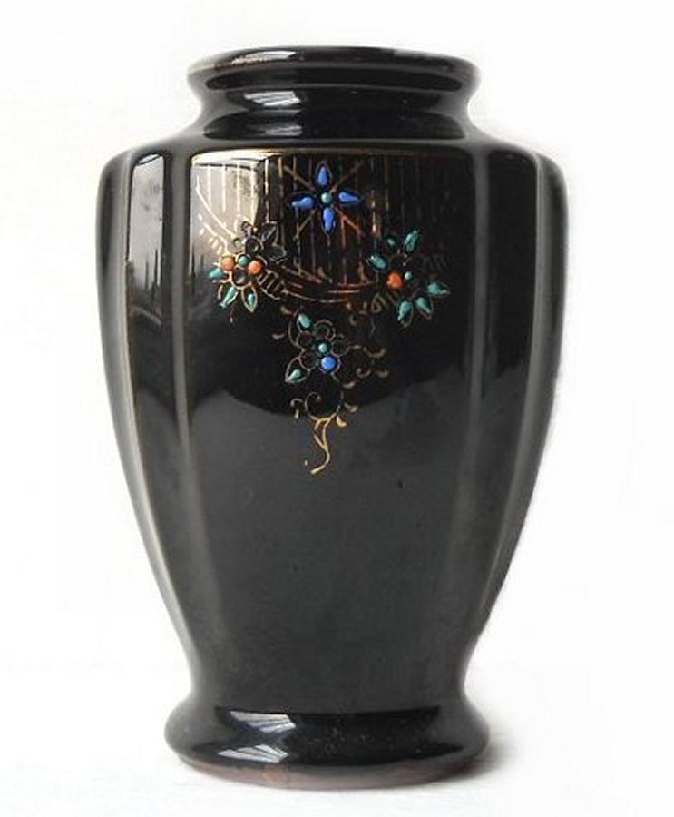 Vintage Redware Pottery Vase - Black Moriage Flowers - Gold Trim