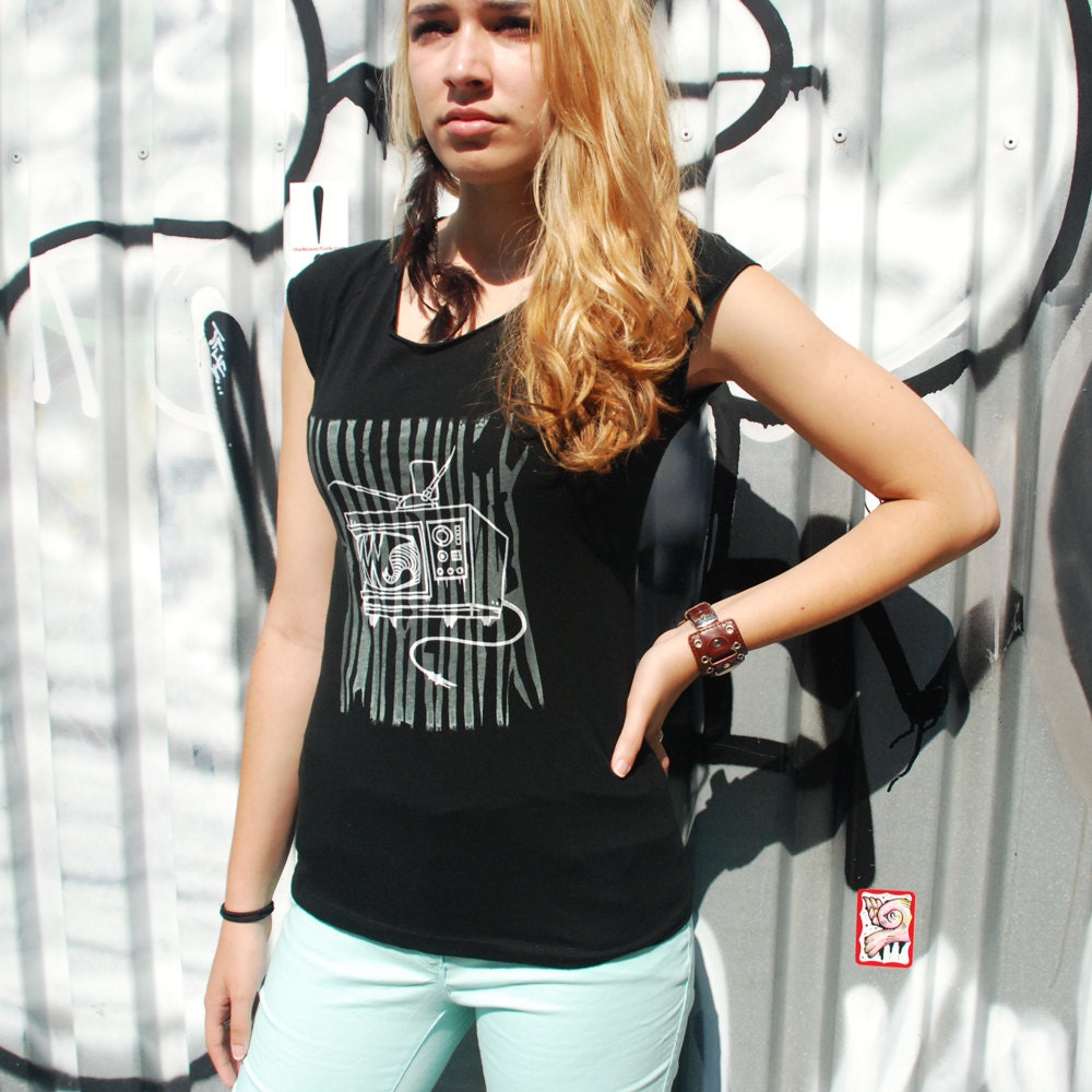 SALE Silkscreen womens tshirt, black cap sleeve, Small only, womans top, womens graphic tee