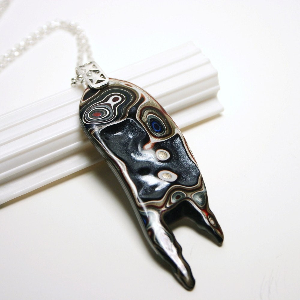 Detroit Fordite Necklace ... Vintage Auto Paint ... Celestial Cadet Blue Gray, Red, White & Metallic Silver Medallion Sterling Rocket
