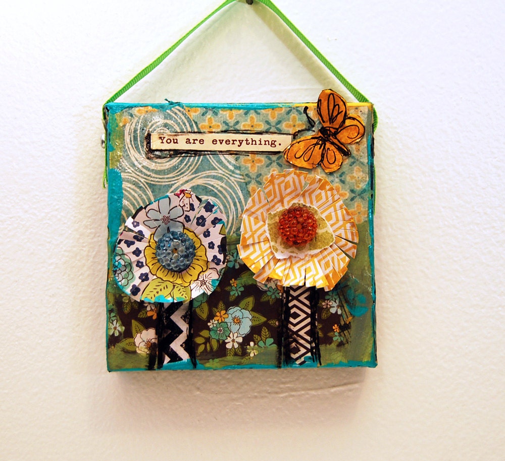 floral art, home decor mixed media original flower canvas art 4x4" art yellow aqua green chevron wall hanging Gift for her butterfly art
