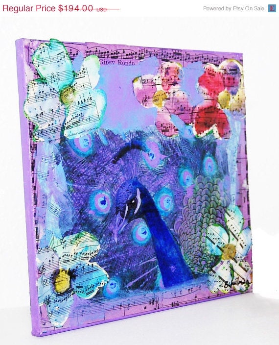 Peacock mixed media collage Art Canvas Painting 12x12" square art blue purple periwinkle room decor, pastel decor blue home decor