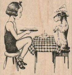 Rubber stamp   tea party  girl and dog     wood Mounted  scrapbooking supplies 19114