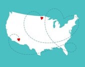 Custom Map Print - USA Map With Hearts - ALL COLORS - United States Wall Art - 11x14 Artwork for Long Distance Relationships