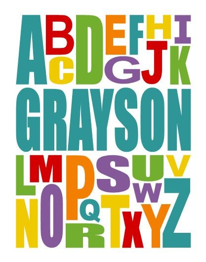 Custom Name Alphabet Poster 11x14 - Personalized ABC Nursery Art Print - Bright and Colorful Wall Art for Nursery or Toddler's Room