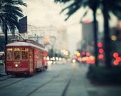 NOLA Nights - New Orleans Photography, Canal Streetcar at Dusk, Lights, Dreamy Urban Wall Art, Red, Blue