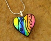 Small Glass Heart Necklace, Dichroic Fused Glass Hand Etched  Pendant, Fused Glass Heart Pendant  - Small Joyful Heart