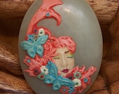 Butterflies and Flowers Fairy Lady Face BEAD New Jade Serpentine & Polymer Clay face BEAD