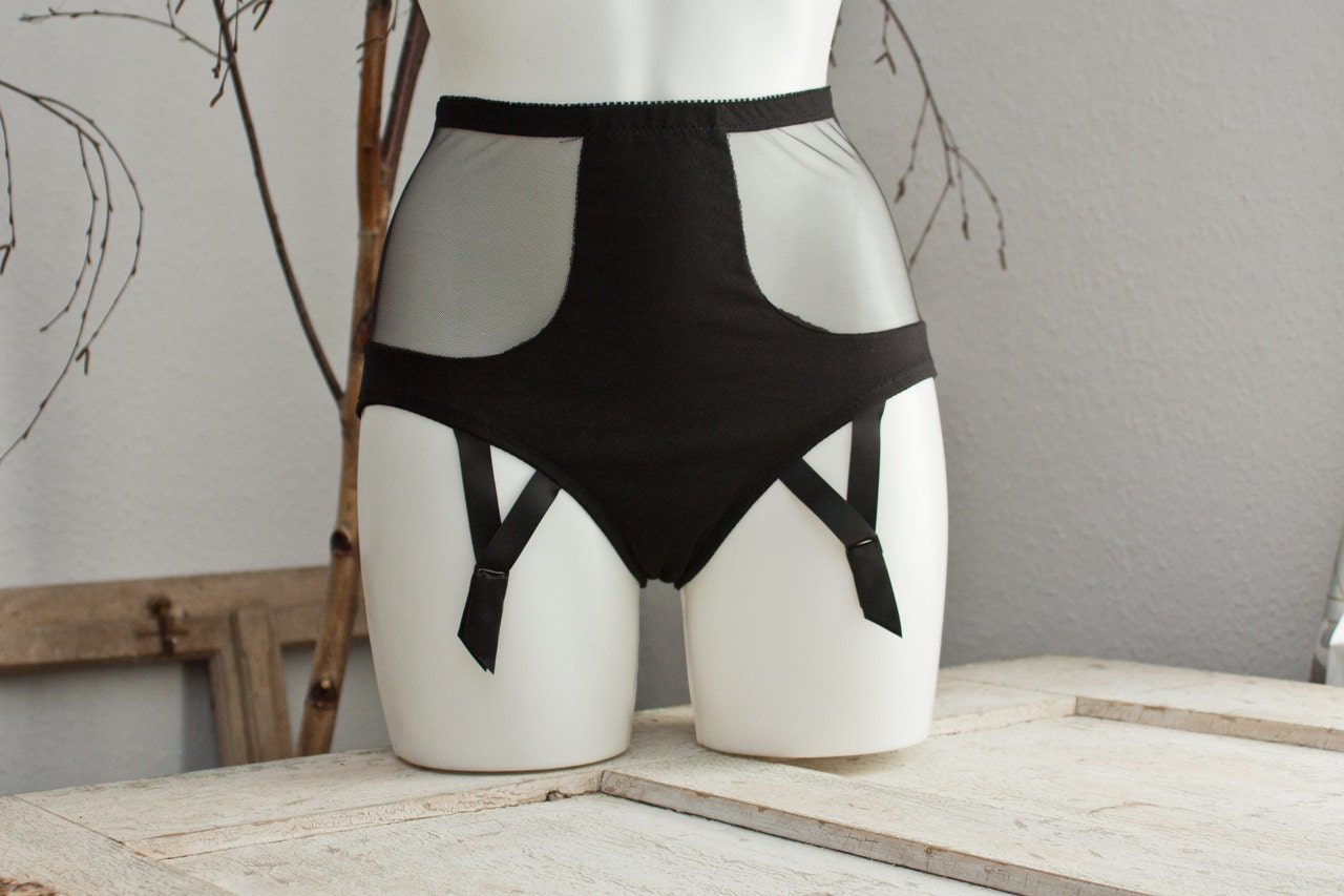 sexy high-waist suspender panties - black mesh / cotton jersey - bondage-style - available in plus size & custom sizes