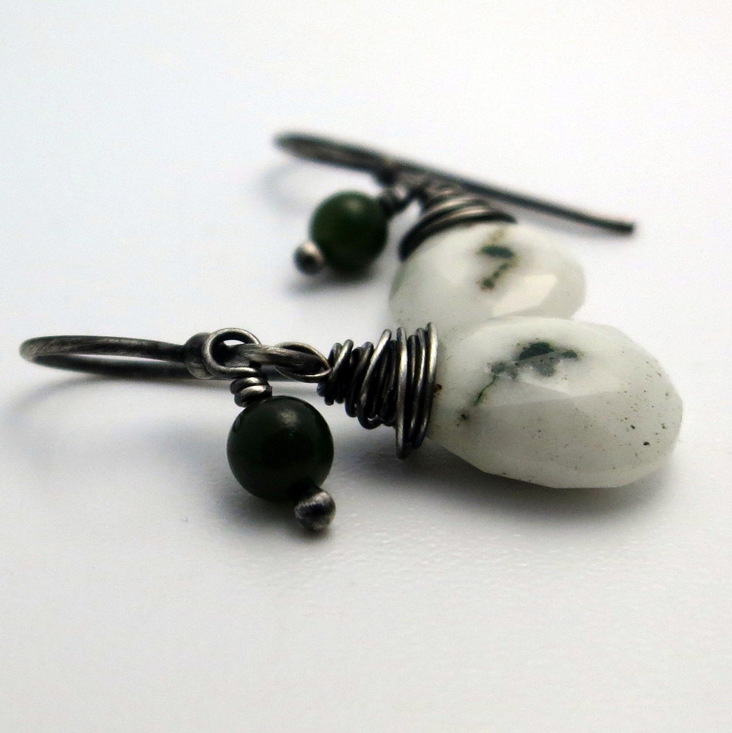 Solar Quartz Earrings . Green Jade Gemstone Wire Wrapped Drop Earrings . Sterling Silver