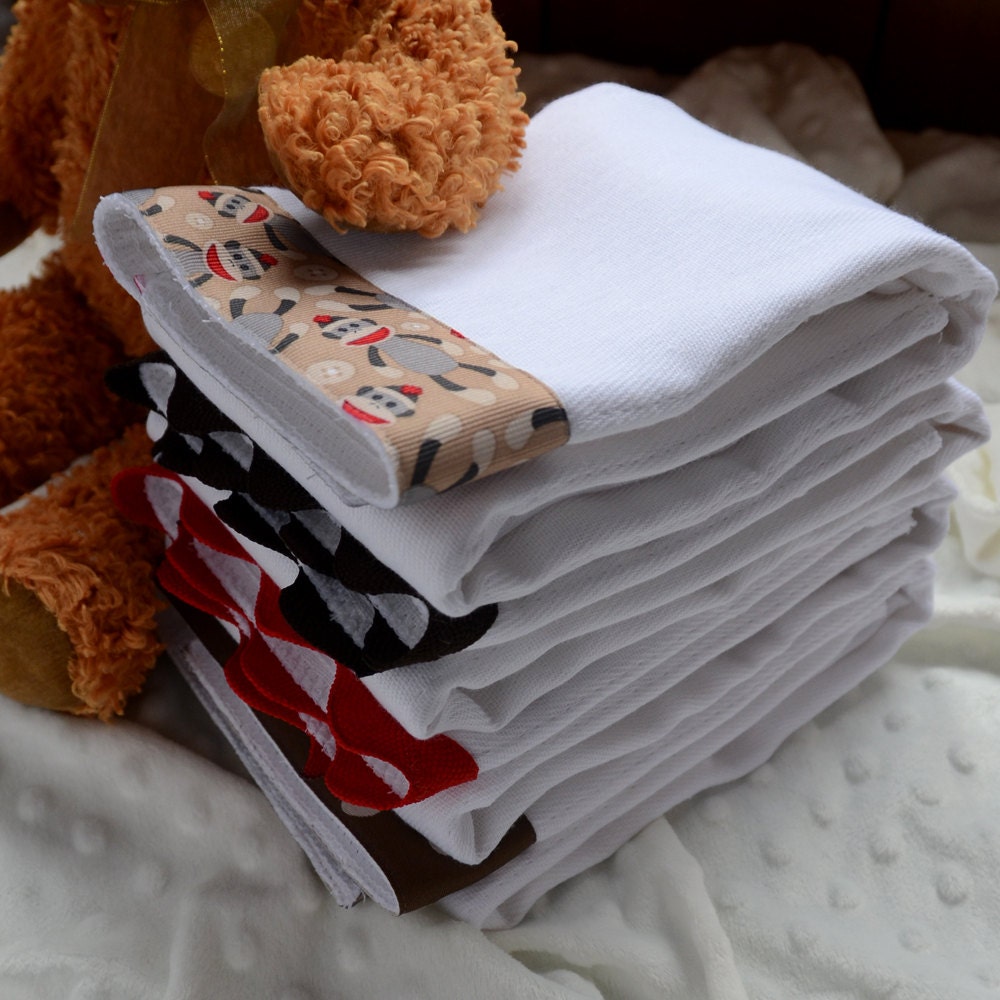 SOCK MONKEY LOVE, Burp Cloth Bundle of four coordinating cloths in red and brown for newborn baby