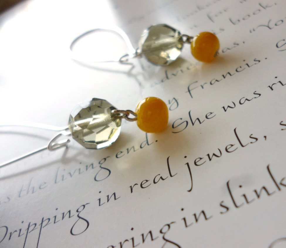 gray and yellow dangle earrings - silver beaded earrings with gray crystals - florenza earrings