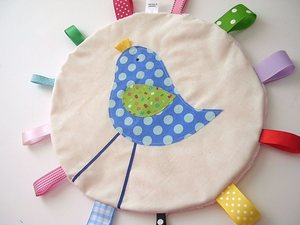 Blue Bird ...Sensory Blanket .. Taggie Security Lovey for Babies.. Round Rainbow Ribbon .. Great Shower Gift .. Made and Ready to Ship