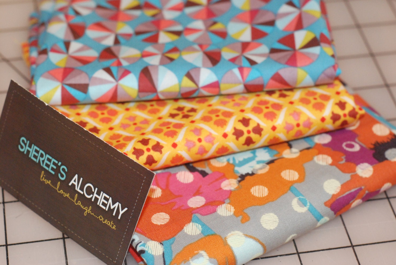 Flea Market Fancy and Field Study Collections Modern Cotton Fat Quarter FQ Bundle 3 prints Gray Orange Blue Pinwheels Floral Quilting Sewing