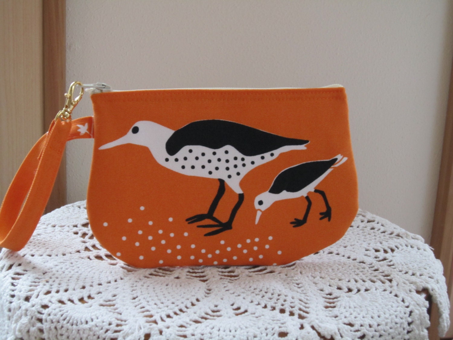 Wristlet Zipper Gadget Pouch Purse in Sand Pipers in  Orange