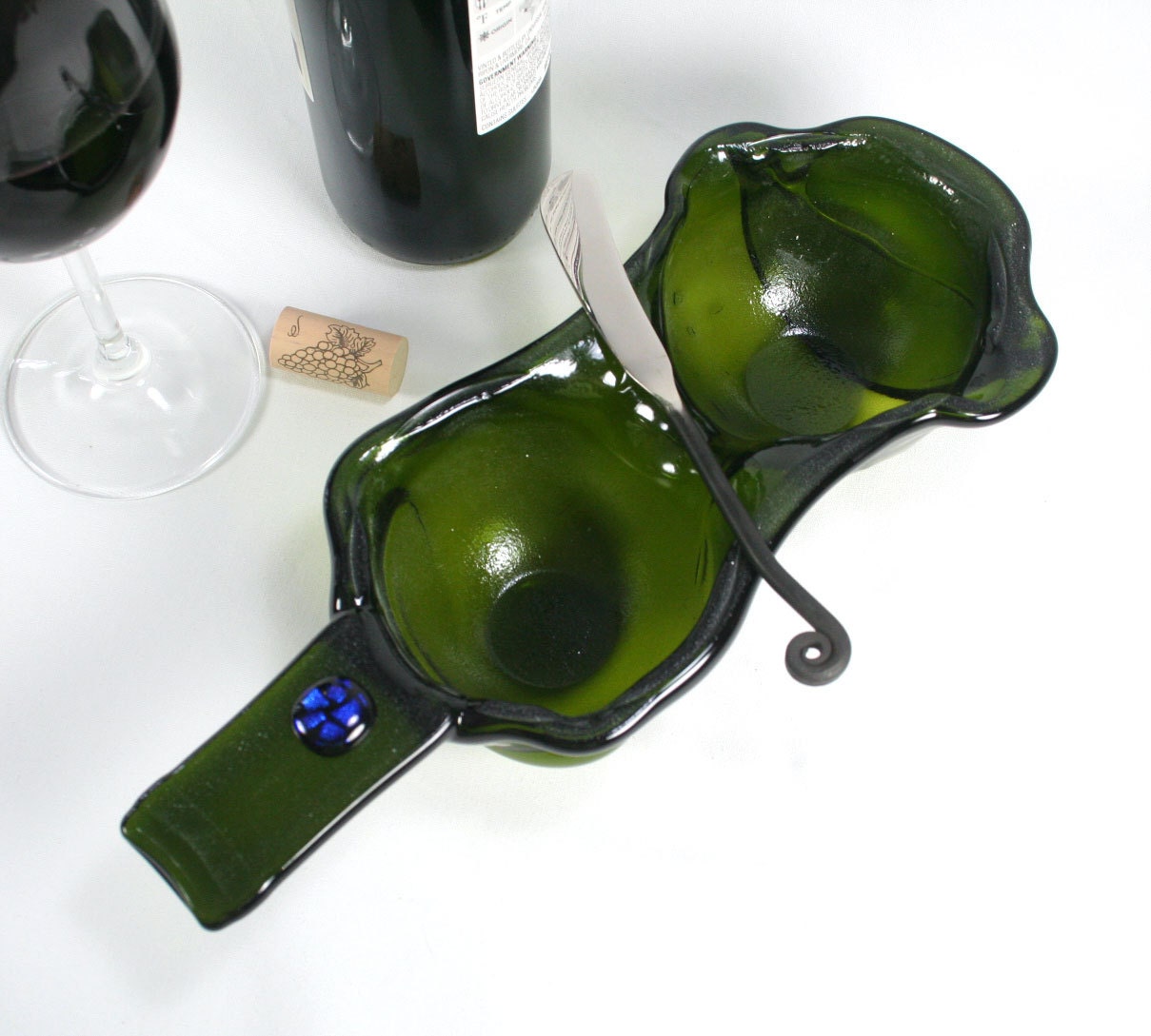 Green Wine Bottle XL Double Dipper Snack Bowl by ShifflettStudios
