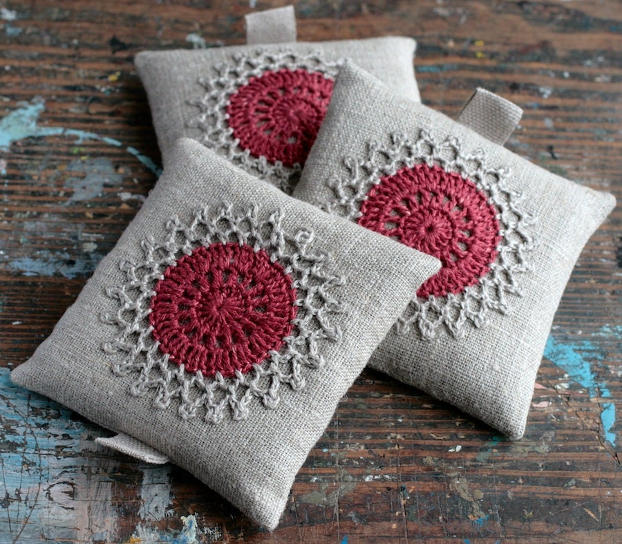 Lavender sachets -- crochet motif -- set of 3