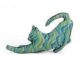 stretching cat shaped small pillow green blue yellow modern swirls fabric