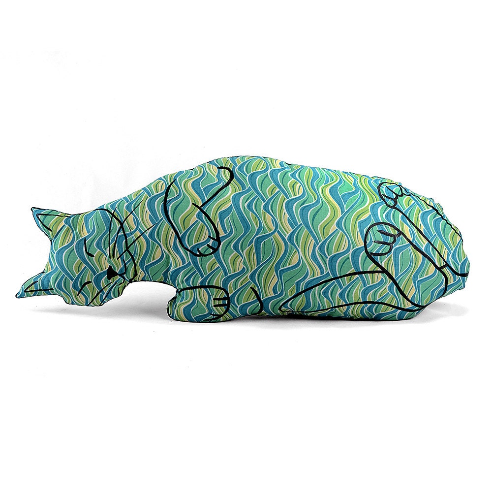 big belly up cat shaped pillow modern swirls fabric