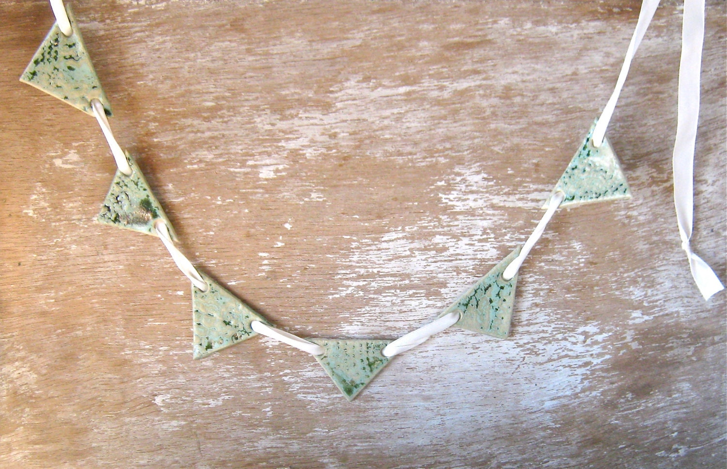 Green and White Bunting, Stoneware Tiles on Ribbon, Unusual Window Decor, Ready to Ship