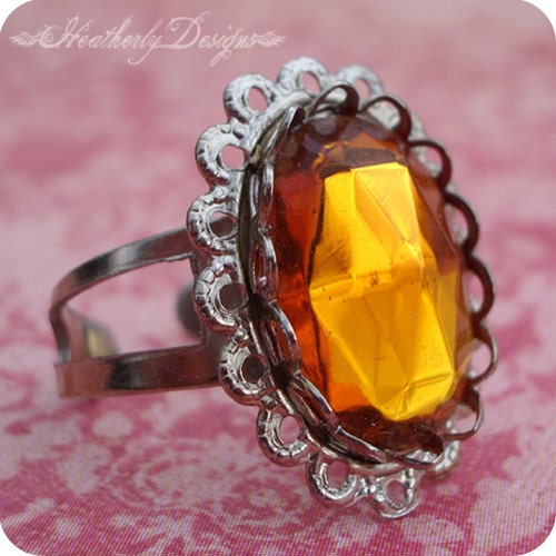 Honey Drop: topaz vintage faceted glass jewel silver adjustable ring