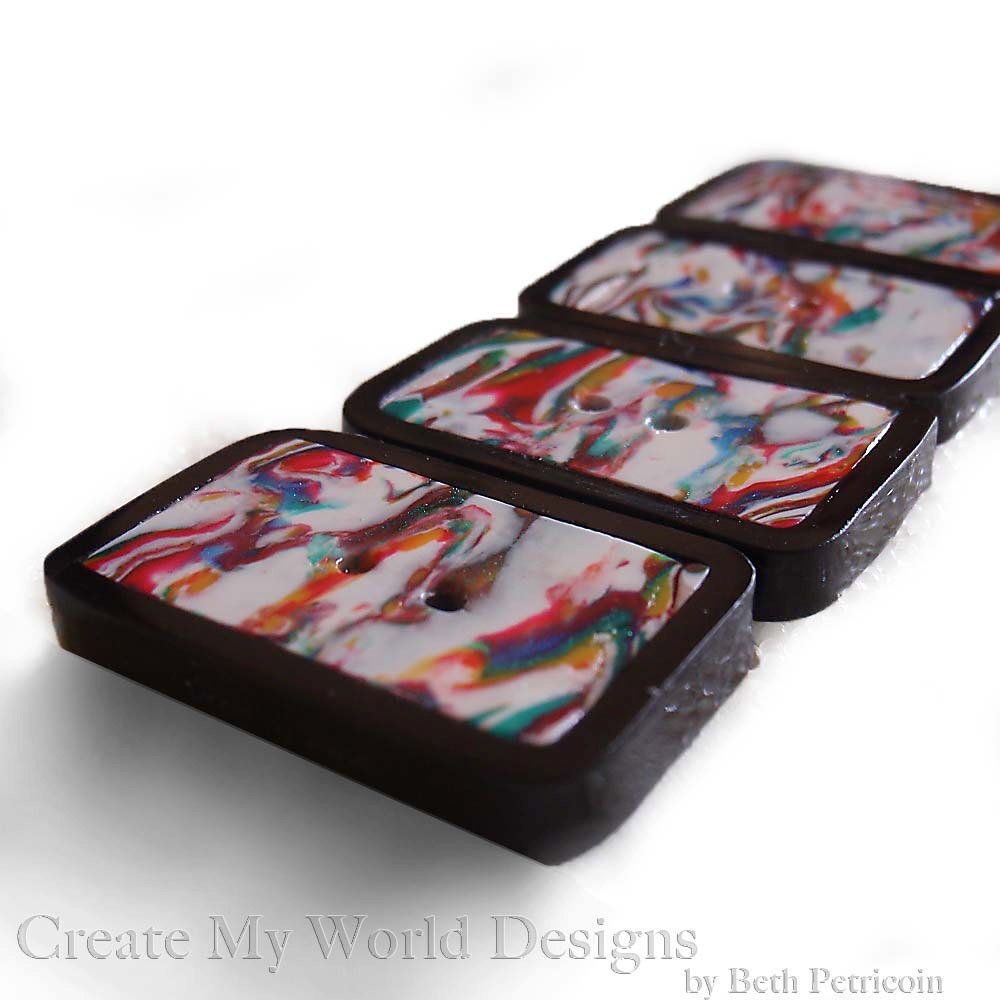 Rainbow Rectangle Buttons, set of 4, polymer clay, handmade, white, black, red, orange, yellow, green, blue, purple