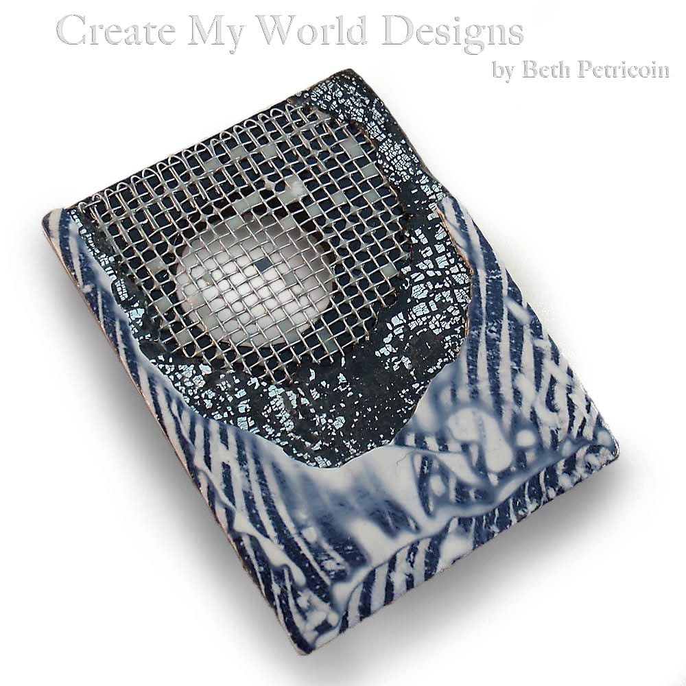 Black White Pin Brooch: Recycled Window Screen, silver leafing, polymer clay