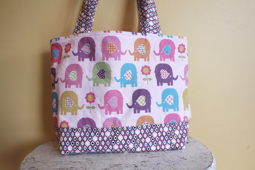 TOTE Bag by PETUNIAS Diaper bag Reversible Large ELEPHANT -market tote gym sack gift baby shower nappy everyday ready to ship