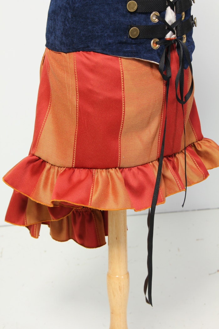 Red and Gold Stripe Mini Length Stagecoach Skirt - Made in breathable upholstery cotton