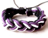 Leather and hemp cuff bracelet, surfer bracelet, black purple white adjustable