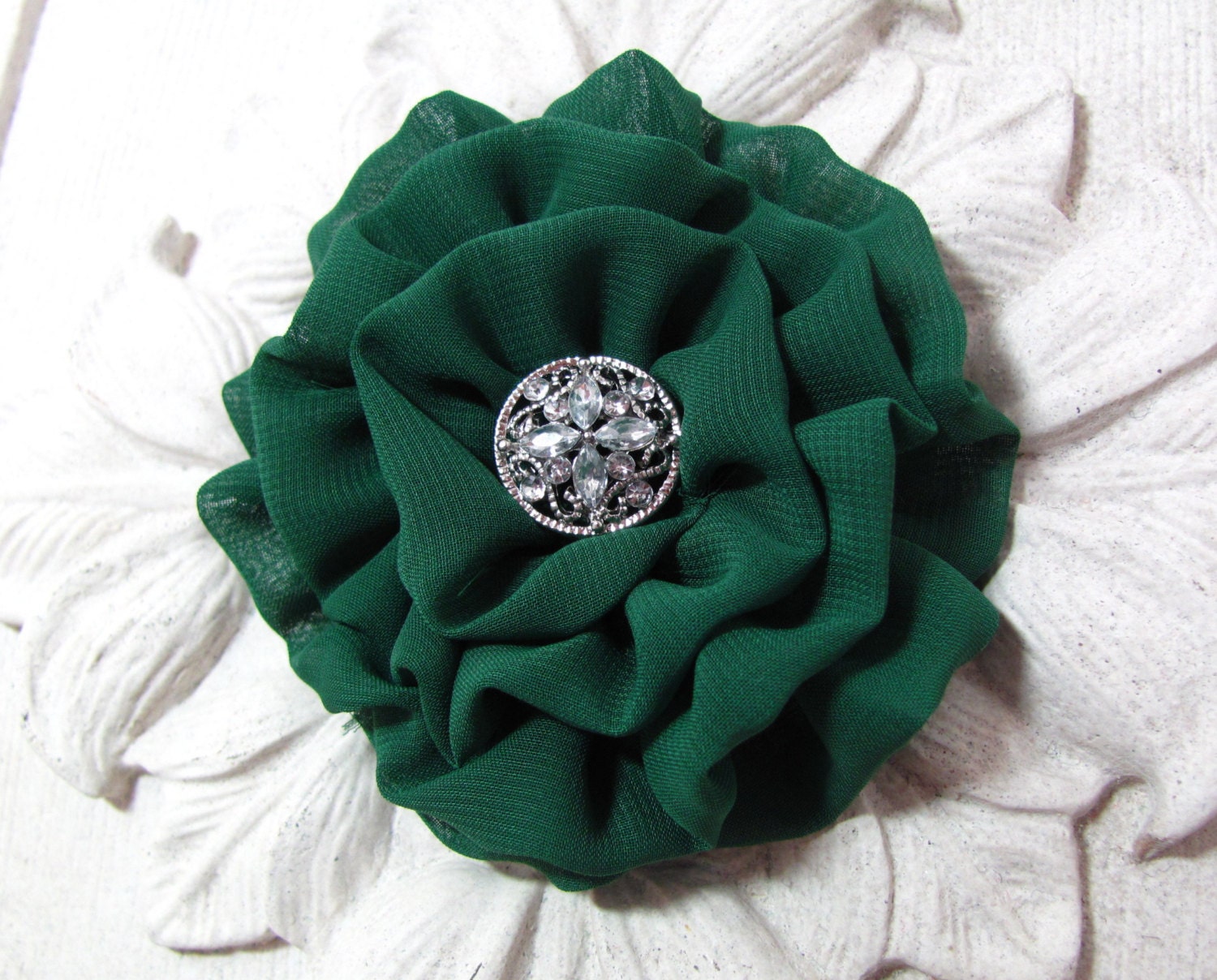 Dark Green Chiffon Flower Hair Clip. Brooch and Hair Clip Combination. Bridesmaid. Wedding. Emerald Green