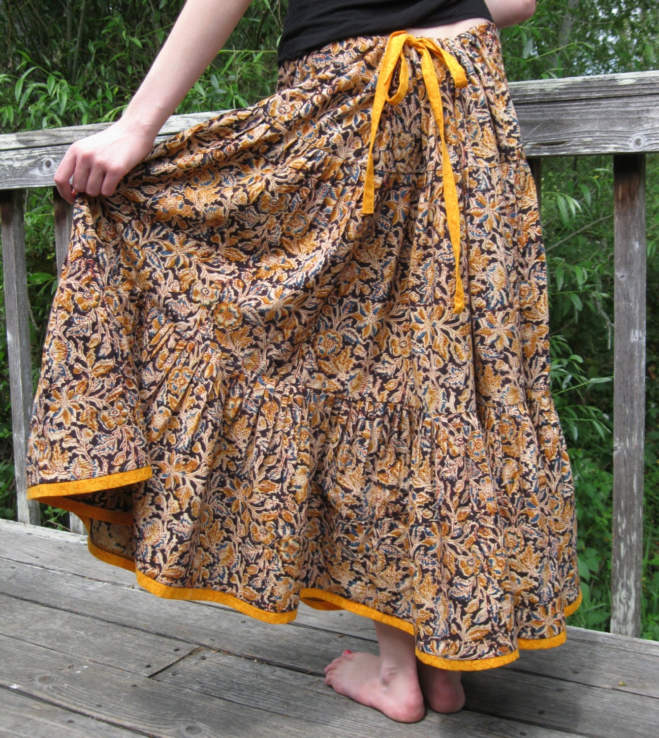 Womens long skirt black and gold kalamkari prairie spin skirt hips to 52"