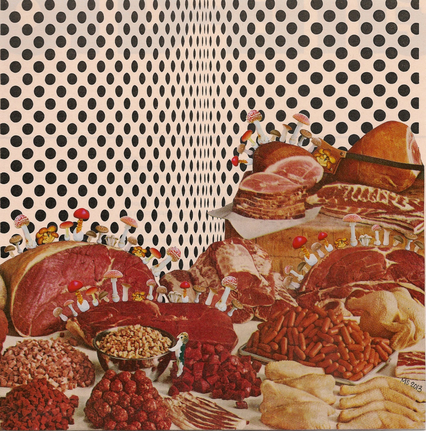 Collage on Paper-Mushrooms & Red Meat