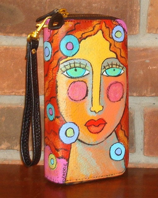 Hand Painted Wristlet Handbag Clutch Purse Portrait of a Red Haired Woman